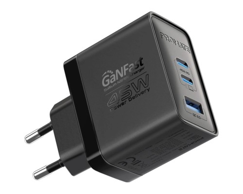 Зарядний пристрій Promate powerport-45 2xUSB-C PD + USB-A QC 45W Black (powerport-45.black)
