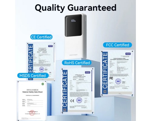 Батарея універсальна Vention 20000mAh 22.5W 3A, PD, QC/3.0, Built-in USB-C+Lightning Cables, White (FHPW0)