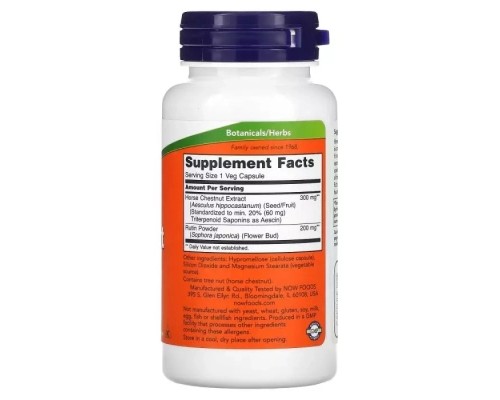 Трави Now Foods Кінський каштан, 300 мг, Horse Chestnut, 90 вегетаріанських капсул (NOW-04713)