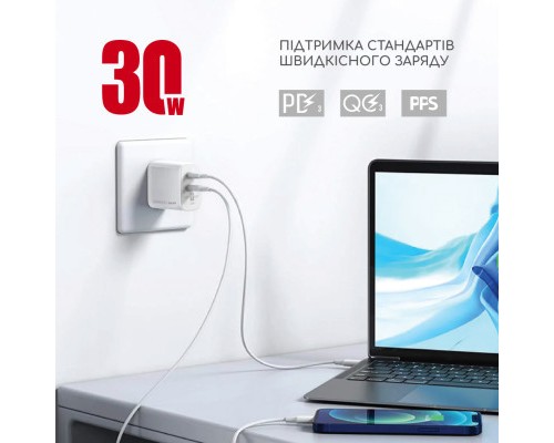 Зарядний пристрій Intaleo 30W GAN USB-C PD+USB-A QC 3.0 white (1283126578274)