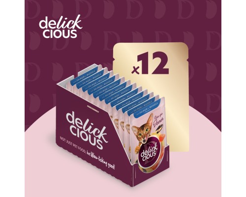Вологий корм для кішок Delickcious Шматочки з лососем і мідіями в соусі 85 г (4820269143135) Вологий корм для кішок Delickcious Шматочки з лососем і мідіями в соусі 85 г (4820269143135)