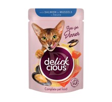 Вологий корм для кішок Delickcious Шматочки з лососем і мідіями в соусі 85 г (4820269143135)