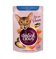 Вологий корм для кішок Delickcious Шматочки з лососем і мідіями в соусі 85 г (4820269143135)