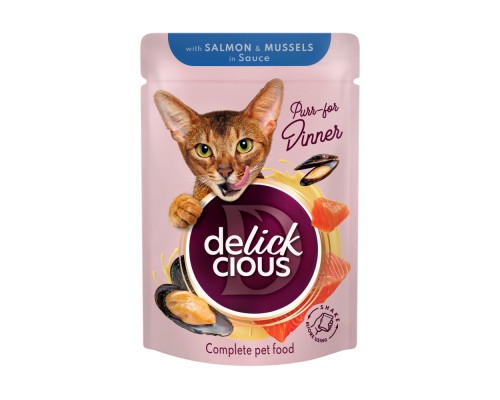Вологий корм для кішок Delickcious Шматочки з лососем і мідіями в соусі 85 г (4820269143135) Вологий корм для кішок Delickcious Шматочки з лососем і мідіями в соусі 85 г (4820269143135)