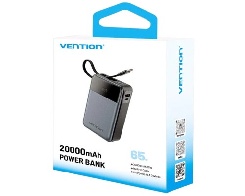 Батарея універсальна Vention 20000mAh 65W 3A PD, QC/3.0, USB-A, Type-C OUT, with Built-in USB-C Cable, LED Display (FHYB0)