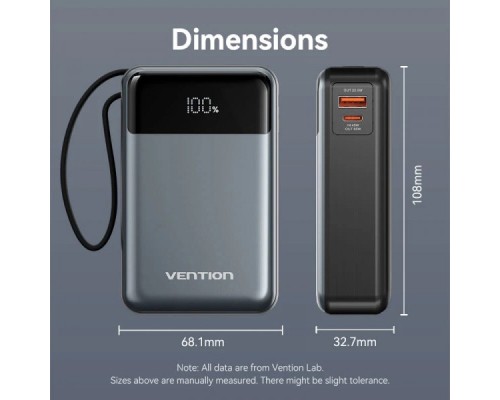 Батарея універсальна Vention 20000mAh 65W 3A PD, QC/3.0, USB-A, Type-C OUT, with Built-in USB-C Cable, LED Display (FHYB0)
