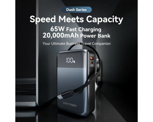 Батарея універсальна Vention 20000mAh 65W 3A PD, QC/3.0, USB-A, Type-C OUT, with Built-in USB-C Cable, LED Display (FHYB0)