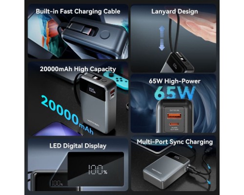 Батарея універсальна Vention 20000mAh 65W 3A PD, QC/3.0, USB-A, Type-C OUT, with Built-in USB-C Cable, LED Display (FHYB0)