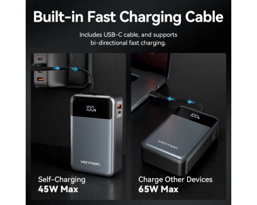 Батарея універсальна Vention 20000mAh 65W 3A PD, QC/3.0, USB-A, Type-C OUT, with Built-in USB-C Cable, LED Display (FHYB0)