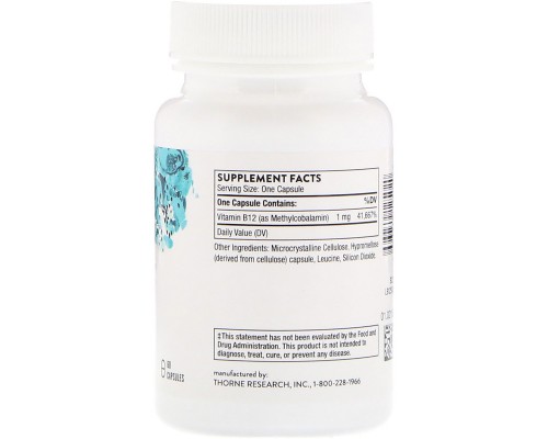 Вітамін Thorne Research Метилкобаламін, Methylcobalamin 1000 мкг, 60 капсул (THR-12502)