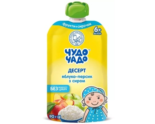 Дитяче пюре Чудо-Чадо яблучно-персиковий з сиром 6 м +, 90 г (4820016254220)