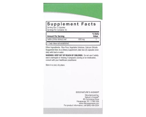 Трави Nature's Answer Кропива, 600 мг, Nettle, 90 вегетаріанських капсул (NTA-16306)