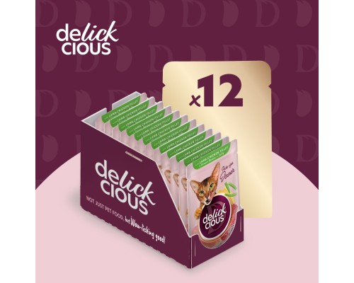Вологий корм для кішок Delickcious Шматочки з ягнятиною, курячим філе і квасолею спаржевою в желе 85 г (4820269143128) Вологий корм для кішок Delickcious Шматочки з ягнятиною, курячим філе і квасолею спаржевою в желе 85 г (4820269143128)