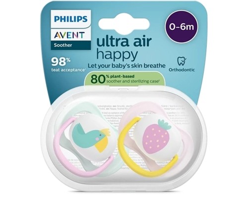 Пустушка Philips AVENT Ultra Air 0-6 місяців 2 шт жовто-рожева (SCF080/24)