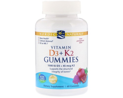 Вітамін Nordic Naturals Жувальні вітаміни D3 + K2, Гранат, Vitamin D3 K2 Gummies, 60 (NOR-31160)