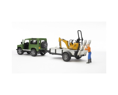 Спецтехніка Bruder автомобіль Land Rover Defender з причіпом, міні-екскаватором CAT та фігуркою (02593)