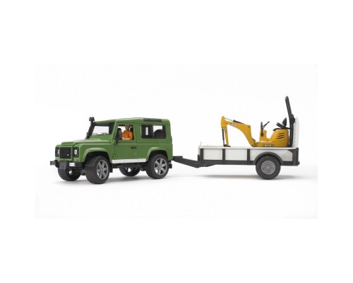 Спецтехніка Bruder автомобіль Land Rover Defender з причіпом, міні-екскаватором CAT та фігуркою (02593)