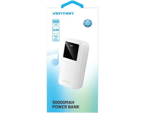 Батарея універсальна Vention 30000mAh 22.5W 3A, PD, QC/3.0, LED Display, White (FHMW0)