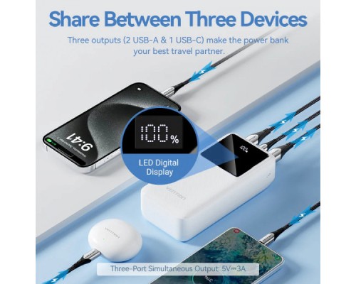 Батарея універсальна Vention 30000mAh 22.5W 3A, PD, QC/3.0, LED Display, White (FHMW0)