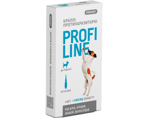 Краплі для тварин ProVET Profiline інсектоакарицид для собак до 4 кг 4/0.5 мл (4823082431052)
