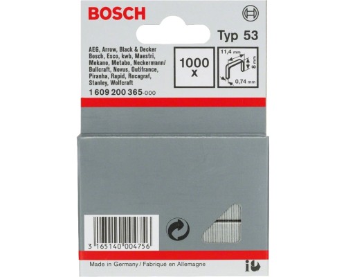 Скоби для будівельного степлера Bosch тип 53, 8х11.4х0.74мм, 1000шт (1.609.200.365)