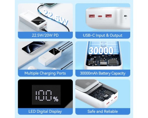 Батарея універсальна Vention 30000mAh 22.5W 3A, PD, QC/3.0, LED Display, Black (FHMB0)