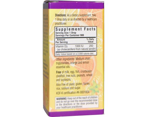 Вітамін Bluebonnet Nutrition Рідкий Вітамін D3 1000IU, Смак Апельсина, 30мл краплі (BLB-00374)
