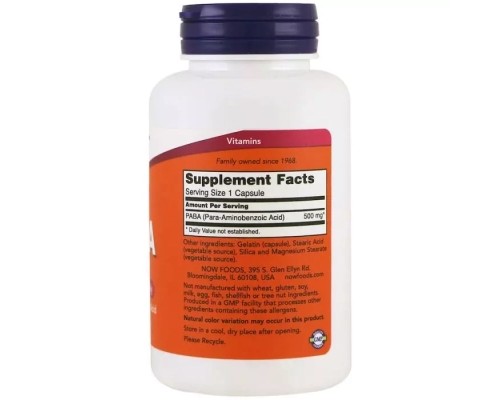 Вітамінно-мінеральний комплекс Now Foods Пара-амінобензойна кислота (ПАБК), PABA, 500 мг, 100 капсул (NOW-00485)