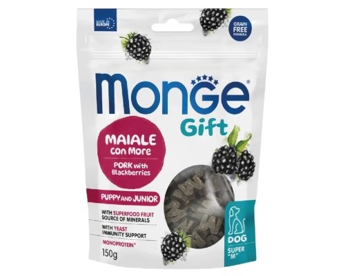 Ласощі для собак Monge Gift Dog Puppy and Junior Growth support свинина з ожиною 150 г (8009470085724)