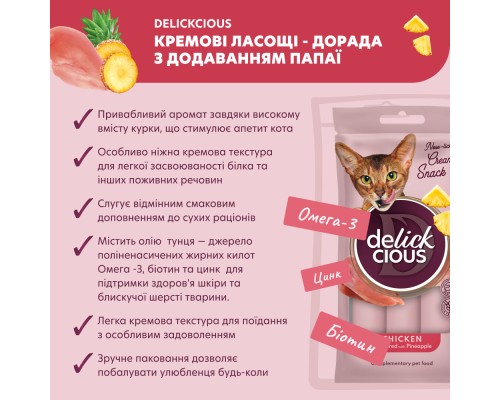 Ласощі для котів Delickcious Курка з додаванням ананасу 4 х 15 г (4820269141629) Ласощі для котів Delickcious Курка з додаванням ананасу 4 х 15 г (4820269141629)