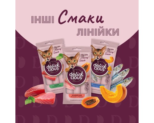 Ласощі для котів Delickcious Курка з додаванням ананасу 4 х 15 г (4820269141629) Ласощі для котів Delickcious Курка з додаванням ананасу 4 х 15 г (4820269141629)
