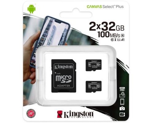 Карта пам'яті Kingston 2x32GB microSD class 10 U1 V10 A1 Canvas Select Plus (SDCS2/32GB-2P1A)