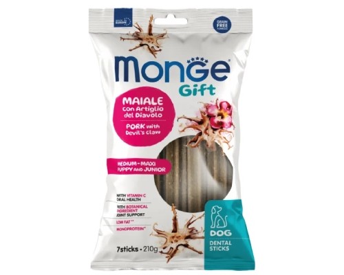 Ласощі для собак Monge Gift Dog Puppy and Junior Medium&Maxi свинина з коренем кігтя диявола 210 г (8009470085601)