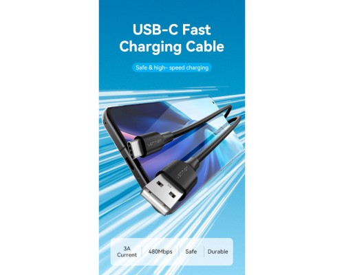 Дата кабель USB 2.0 AM to Type-C 3.0m 3.0A (18W) PVC black Vention (CTHBI)