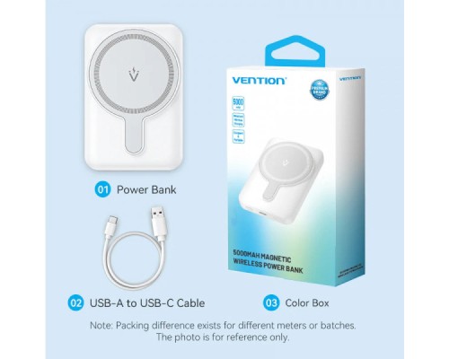 Батарея універсальна Vention Magnetic Wireless 5000mAh 20W 3A, PD USB-C, Light Indicator, White (FHSW0)
