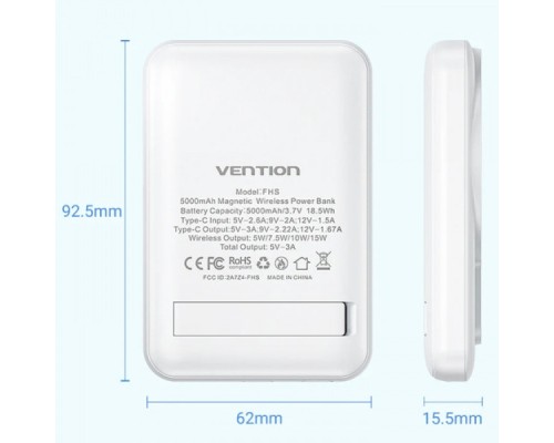 Батарея універсальна Vention Magnetic Wireless 5000mAh 20W 3A, PD USB-C, Light Indicator, White (FHSW0)