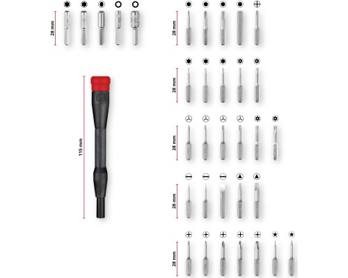 Набір біт Einhell 33шт,HEX, PH, RIBE, SL, Spline, Torx, 28мм, кейс (115010)