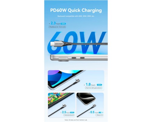 Дата кабель USB-C to USB-C 0.5m USB2.0 60W (20V/3A) angle 90° Gray Aluminum Alloy Vention (TRAHD)