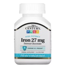 Вітамін 21st Century Залізо Високоефективне, 27 мг, High-Potency Iron, 110 таблеток (CEN-22690)