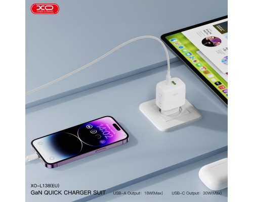 Зарядний пристрій XO L138 48W USB-C PD30W + USB-A QC18W White (L138_White)