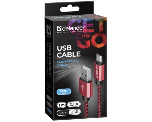 Дата кабель USB 2.0 AM to Micro 5P 1.0m USB08-03T red Defender (87801)