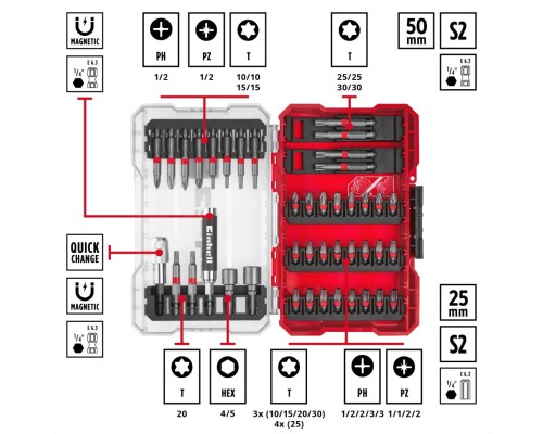 Набір біт Einhell 42шт, HEX, PH, PZ, Torx, 50мм, кейс (118953)
