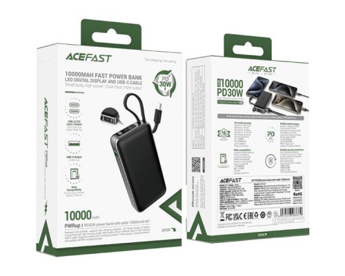 Батарея універсальна Acefast 10000mAh 30W PD, USB-C witch cable, USB-A, Li-Pol, M7 Black (6974316283379)