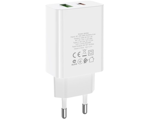 Зарядний пристрій BOROFONE BA56A Lavida dual port PD20W+QC3.0 charger White (BA56AW)