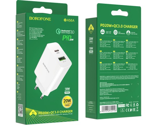 Зарядний пристрій BOROFONE BA56A Lavida dual port PD20W+QC3.0 charger White (BA56AW)