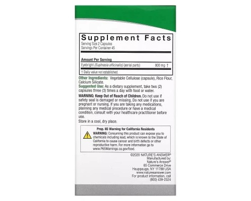 Трави Nature's Answer Очанка для очей, 800 мг, Eyebright, 90 вегетаріанських капсул (NTA-16210)