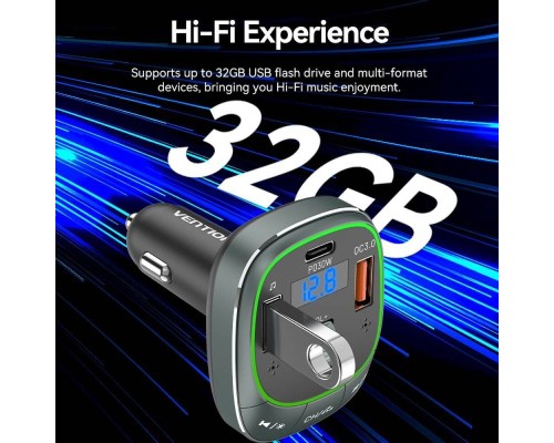 FM модулятор Vention PD 54W 3-Port USB (C+A+A) LED/USB Flash/Bluetooth, вольтметр (FFLB0)