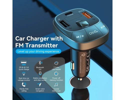 FM модулятор Vention PD 54W 3-Port USB (C+A+A) LED/USB Flash/Bluetooth, вольтметр (FFLB0)
