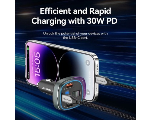 FM модулятор Vention PD 54W 3-Port USB (C+A+A) LED/USB Flash/Bluetooth, вольтметр (FFLB0)