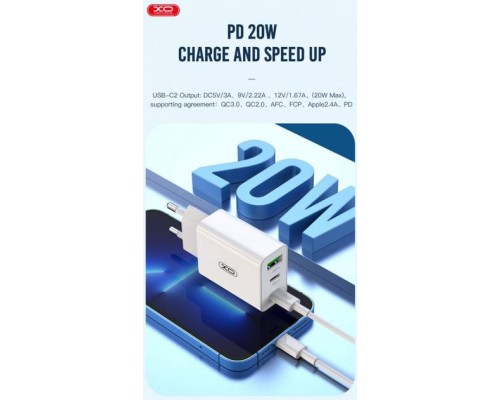 Зарядний пристрій XO L101 PD + QC3.0 (1USB/2Type-C/20W) + USB - MicroUSB White (XO-L101-WH)